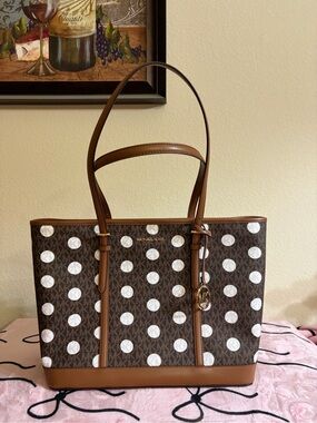 Michael Kors Brown and White Polka Dot Large Jet Set Tote